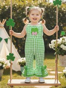 Toddler Girl Outfit St Patricks Day Overalls Clover Romper Long Flared Jumpsuit Irish Shamrock Clothes - Green - View 1