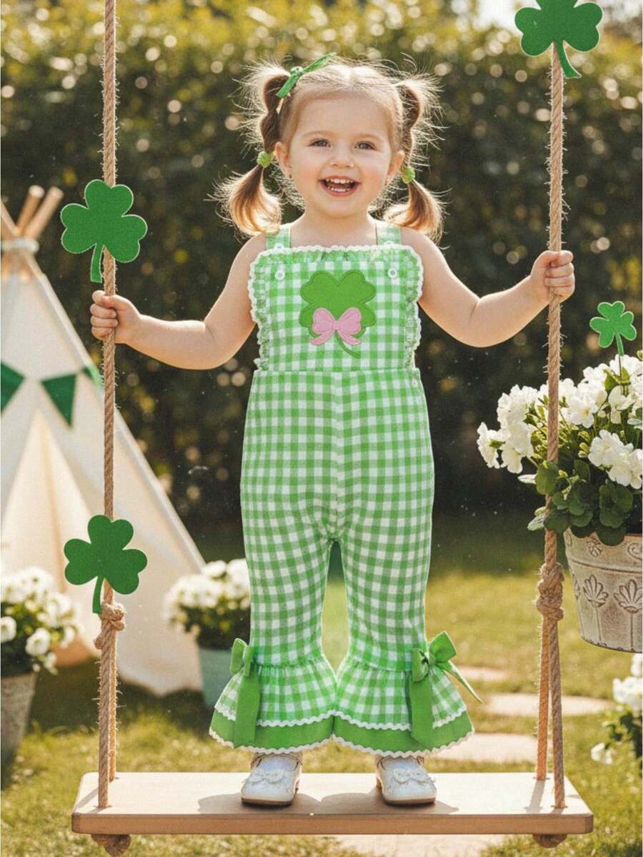 Toddler Girl Outfit St Patricks Day Overalls Clover Romper Long Flared Jumpsuit Irish Shamrock Clothes - Green - View 1