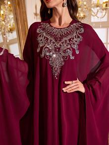 SUPGIR Women's Round-Neck Cape Sleeve Sequin Beads Patchwork Ruched Chiffon Evening Drees - Burgundy - View 4