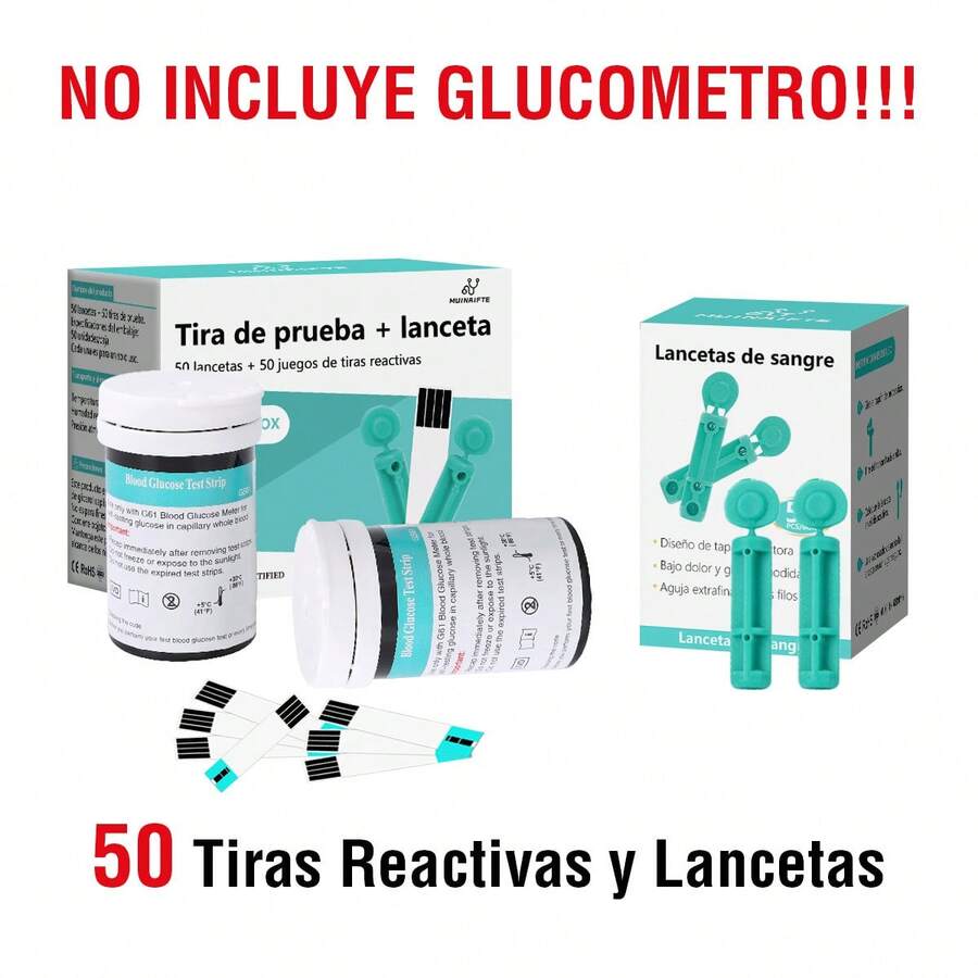 50 tiras reactivas y 50 lancetas para medidores de glucosa en sangre, aptas tanto para unidades mg/dL como mmol/L. - verde menta - Ver 1