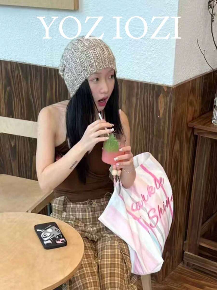Túi xách kiểu Hàn Quốc kẻ sọc và in chữ, dung tích lớn, dễ thương, thích hợp cho hoạt động ngoài trời, mua sắm và đi làm. - Nhiều màu - Xem 1