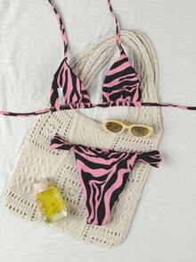 Bộ bikini nữ mùa Xuân/Hè mới, họa tiết da báo hồng và đen, kiểu dáng thanh lịch, gợi cảm, hở lưng, buộc dây, thích hợp cho tiệc tùng, hẹn hò, câu lạc bộ, biểu diễn sân khấu. - Nhiều màu - Xem 3