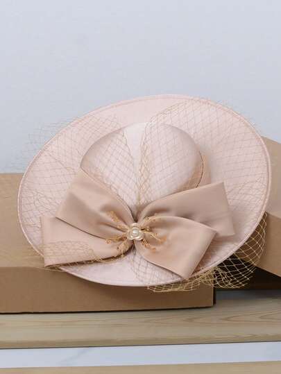 Elegant Women's Church Hat With White Bow, Suitable For Party, Banquet, Decoration, Bridal Wedding Photo Shoot