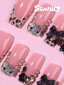 SANRIO 24片方形豹纹法式美甲贴纸，饰有可爱蝴蝶结、花朵和水钻，完美贴合假指甲，包含1瓶果冻胶和1个指甲锉，适合女性和女孩日常及派对使用 - 彩色 - 查看 3