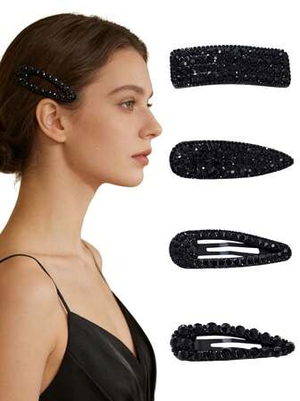4 st eleganta svarta strass vattendroppar & ovala fyrkantiga kombinationshårspännen, sömlösa alligatorhårspännen för lugg, sidor, casual, fest, högtid, perfekt present