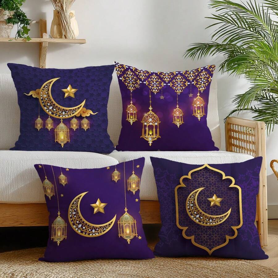 Ramadan Kareem Vintage lila Mond Laterne dekorativer Kissenbezug 4-teiliges Set, einseitig aus weichem Pfirsich-Samt, 45*45CM Kissenbezug geeignet für Raumdekoration, Innensofa Wohnzimmer Dekoration, Party Dekoration, dekorativer Kissenbezug als Geschenk - Verschiedenfarbig - Übersicht 1