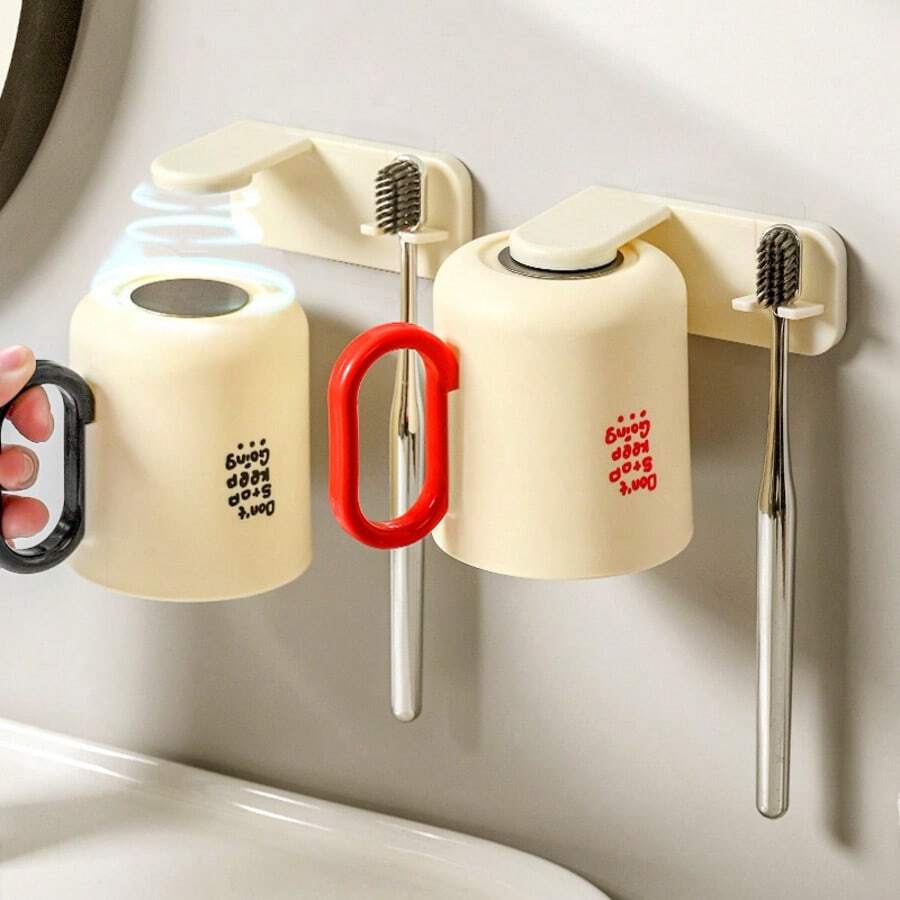 1件套奶油色壁挂式牙刷架和漱口杯套装,方便浴室收纳,安装简便,节省空间 - 黑色 - 查看 1