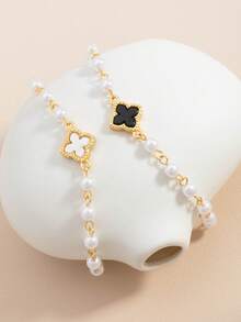 2pcs Fashionable Classic Black & White Clover Design Bracelet Set - One Size Fits All - Faux Pearl Black and White Bracelet - View 3