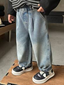 男童秋季字母刺绣宽松直筒牛仔裤，适合日常、上学、休闲和户外穿着 - 藍色 - 查看 5