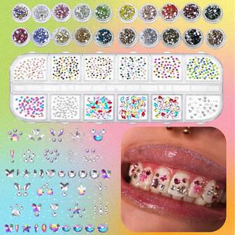 16 piezas Elegante set de joyería para dientes con diamantes de imitación en forma de estrella y corazón de colores, accesorios para dientes súper brillantes y lindos de estilo Y2K, adecuados para uso diario, fiestas y vacaciones, unisex (sin pegamento, con caja)