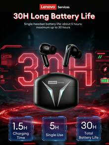 Tai nghe Bluetooth chơi game Lenovo GT102, Bluetooth 6.0 Chế độ chơi game độ trễ cực thấp, Trình điều khiển động lớn, Âm thanh vòm, Chất lượng âm thanh cao, Thời lượng pin dài, Vừa vặn thoải mái, Tai nghe không dây tương thích với Android, iOS, PC, Quà tặng ngày lễ - màu đen - Xem 5