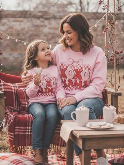 Mommy And Me Matching Outfits Valentines Day Long Sleeve Crewneck Bow Letter Print Sweatshirts