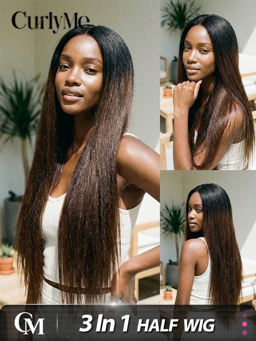 CURLYME Wear & Go Kinky Straight Half Wig 3合1假发，180%密度，14-16英寸波波头，18-28英寸长款，自然黑发根至红棕色渐变，真人发假发，隐形自然发际线，适合新手日常佩戴 - SNATURAL/33 - 查看 1