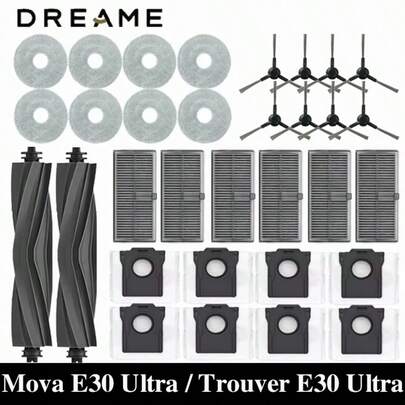 Dream E Mova E30 Ultra / Trouver E30 Ultra robotdammsugare reservtillbehörssats - inkluderar huvudborste, sidoborstar, HEPA-filter, moppdyna, dammpåse och reservdammpåsar