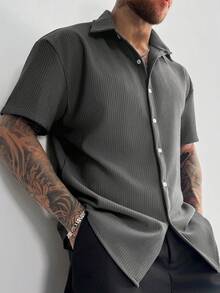 Vintage Men's Ribbed Knit Shirt, Short Sleeve Polo Collar, Solid Color Textured Shirt, Suitable For Summer Vacation, Casual And Office Wear. An Excellent Christmas And New Year Gift For Dad Or Husband. - Dark Grey - View 5