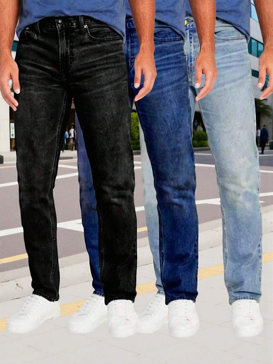 Men's Ripped Denim Jeans 3-Piece Set Street Fashion Hole Design Loose Fit Pants - Màu xanh lam - Xem 1