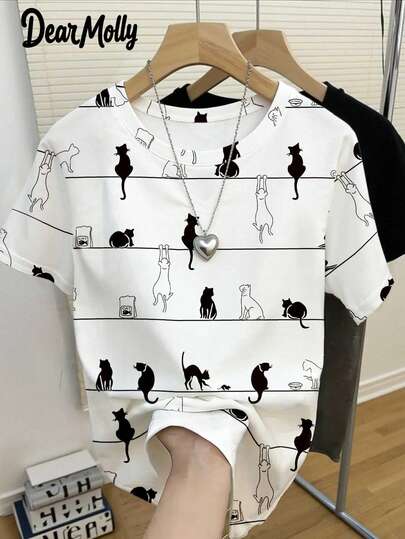 DEAR MOLLY 女士休闲猫咪印花圆领短袖T恤，时尚对称印花T恤，适合所有季节，是外出和聚会的理想之选，也是情人节送给她的绝佳礼物。