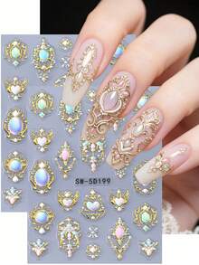 5D金属质感奢华巴洛克浮雕美甲贴纸，金色蕾丝渐变彩色宝石镜面心形翅膀复古波西米亚Y2K全息美甲贴花，DIY美甲配件 - 彩色 - 查看 1