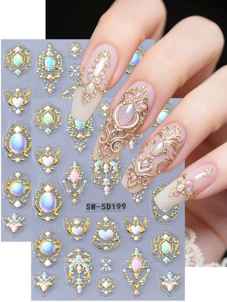 5D金属质感奢华巴洛克浮雕美甲贴纸，金色蕾丝渐变彩色宝石镜面心形翅膀复古波西米亚Y2K全息美甲贴花，DIY美甲配件 - 彩色 - 查看 1