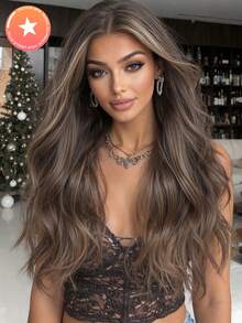 24-Inch Brown Middle Part Long Curly Golden Synthetic Heat-Resistant Fiber Wig, Women Wig, Suitable For Holidays, Parties And Daily Wear - Brown - View 11