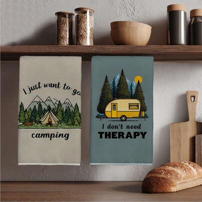 2条复古风格山野露营印花超强吸水厨房巾，40*60厘米长方形抹布、餐巾、手巾，厨房装饰，乔迁礼物