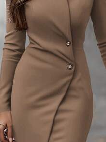 女士高端优雅中长连衣裙，端庄精致，适合春秋季节，修身显高秋季连衣裙 - 咖啡棕 - 查看 6