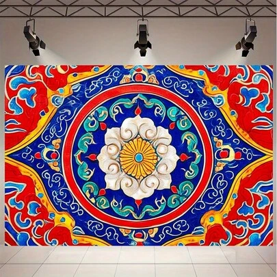 2D Flat, 1 Piece Red And Yellow Tassel Kayami Banner - Egyptian Ramadan And Eid Celebration Party Backdrop, Exquisite Floral Design In Blue, Green, White, And Gold, Polyester Material, Multiple Sizes Available, Suitable For Birthdays, Tailgate Parties, And Various Occasions