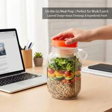 34盎司（1000毫升）侧开式防漏沙拉容器，带调料杯，一体式盖子和瓶身设计，适用于办公室、健身房、野餐（橙色/绿色）