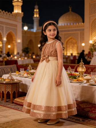 Flickors långa puffiga julklänning med paljettmönster, prinsessbalklänning, brudtärneklänning, festkostym