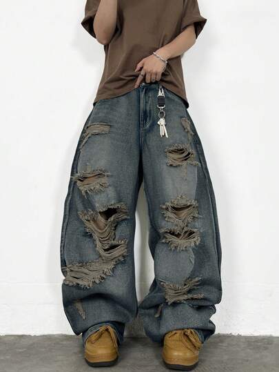 1条男士复古做旧破洞毛边牛仔裤，宽松阔腿休闲嘻哈街头牛仔水洗裤