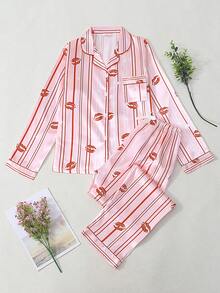 Striped Red Lip Print Women's Satin Long Sleeve Pajama Set - Pink - View 1