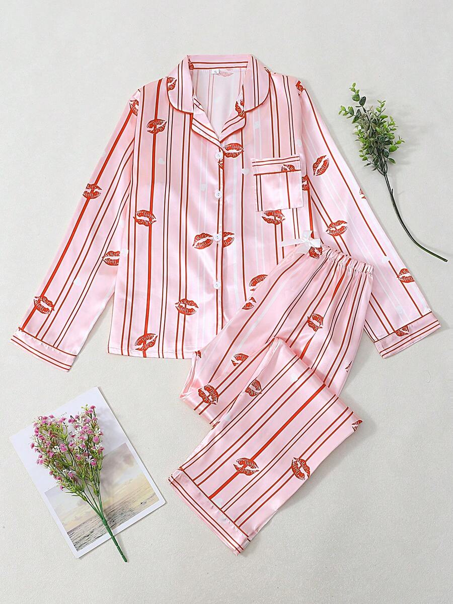 Striped Red Lip Print Women's Satin Long Sleeve Pajama Set - Pink - View 1