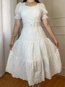Women's 3-Marias Midi Dress In Elegant Cotton Lace With Belt And Ruffled Hem - Casual Fashion - For Dating Or Weddings - 白色 - 查看 2