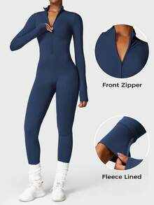 VOYJOY Women Fleece Long Sleeve Zipper Jumpsuit Zip Up Romper Bottom Pants Bodysuit Bodycon Sexy One Piece Winter Skiwear  Winter Clothes Winter Clothes Winter Clothes For Women Gym Clothes Women - 徽章藍 - 查看 4