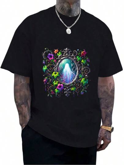 Men's Pure Cotton 180g Oversized Casual T-Shirt Fantasy Ghost Decorative Frame Floral Vine Print Short Sleeve Tee