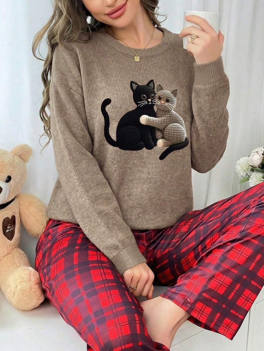 Sweat-shirt décontracté pour femmes grande taille avec motif mignon de chatons s'étreignant, col rond, manches longues, idéal pour le printemps et l'automne. Couleur gris terreux, parfait pour la Saint-Valentin - Cendre - Voir 1