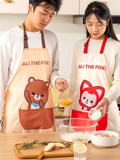 1pc ALI THE FOX THEkitchen Apron, Unisex Couple Apron, Halter Neck Adjustable With Pockets Waterproof And Oilproof Cooking Chef Apron Unisex Kitchen Apron, Catering Work Apron
