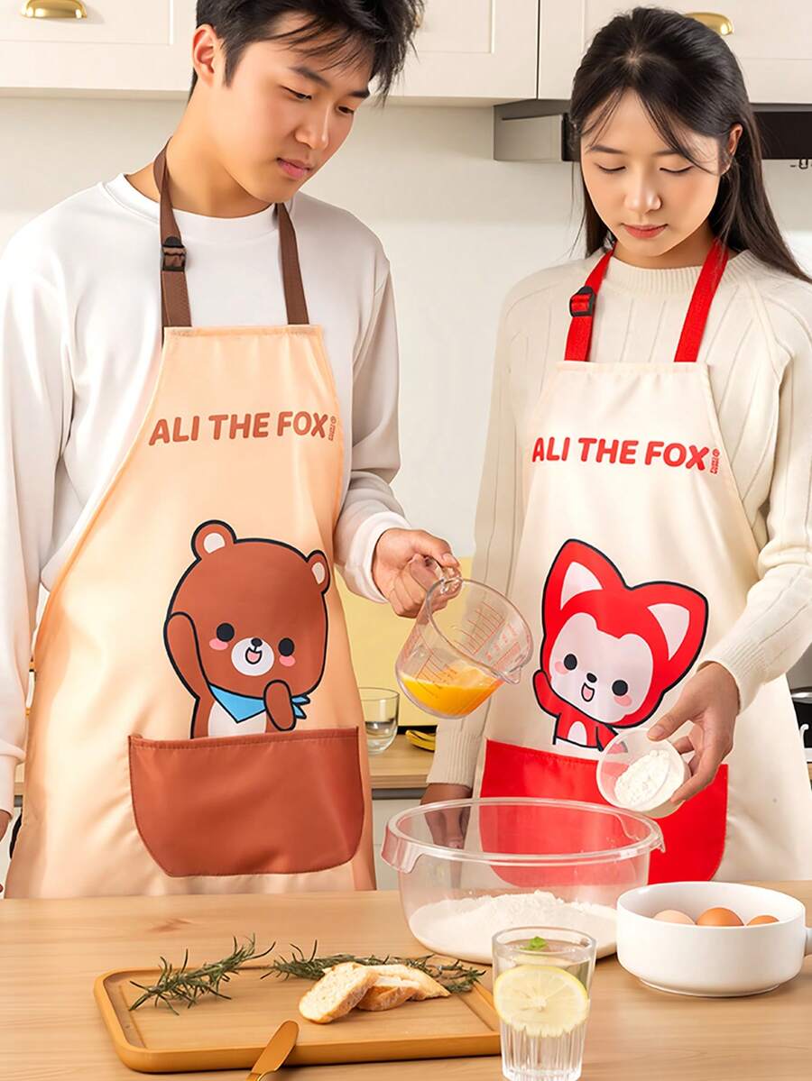 1件 ALI THE FOX THE厨房围裙，男女通用情侣围裙，挂脖式可调节带口袋防水防油烹饪厨师围裙，男女通用厨房围裙，餐饮工作围裙 - 彩色 - 查看 1