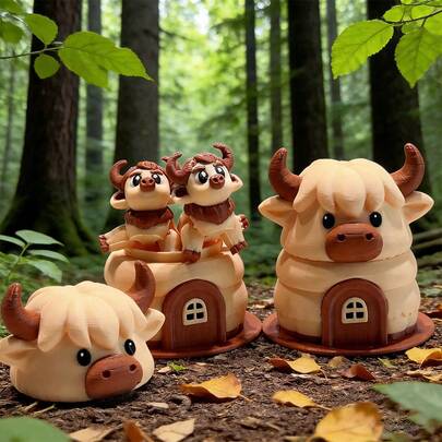 3D Printed Cute Highland Cow + Highland Cow Bed Model, Plastic Figurine Desktop Decor Sculpture, Holiday Gift