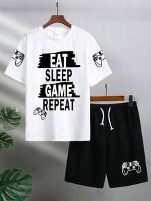 Tween Boys Letter Print Short Sleeve T-Shirt And Shorts Set - Black - View 1