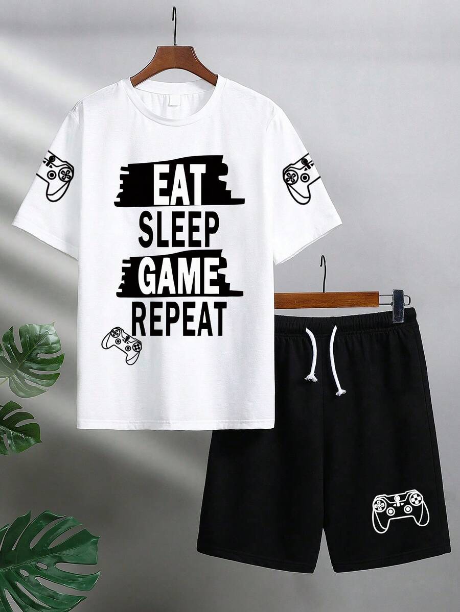 Tween Boys Letter Print Short Sleeve T-Shirt And Shorts Set - Black - View 1