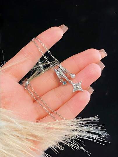 1件水钻腰带流苏星形珍珠吊坠项链，镶嵌小水晶，梦幻闪亮设计，送给妻子、女性朋友、闺蜜的礼物