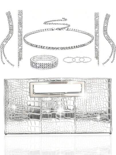 Túi xách dự tiệc thời trang nữ, túi dự tiệc lấp lánh, túi da màu bạc và đen, kết hợp với phụ kiện kim cương lấp lánh, vòng cổ, bông tai, vòng tay và nhẫn kim cương sang trọng, đính đá Zirconia, thời trang và tinh tế, là món đồ tốt nhất cho các bữa tiệc tối của phụ nữ, quà tặng dự tiệc, trang trí. Quà tặng và quà lưu niệm hoàn hảo cho các ngày lễ, sinh nhật, tiệc tùng, phù dâu đám cưới, Ngày Valentine và Ramadan.