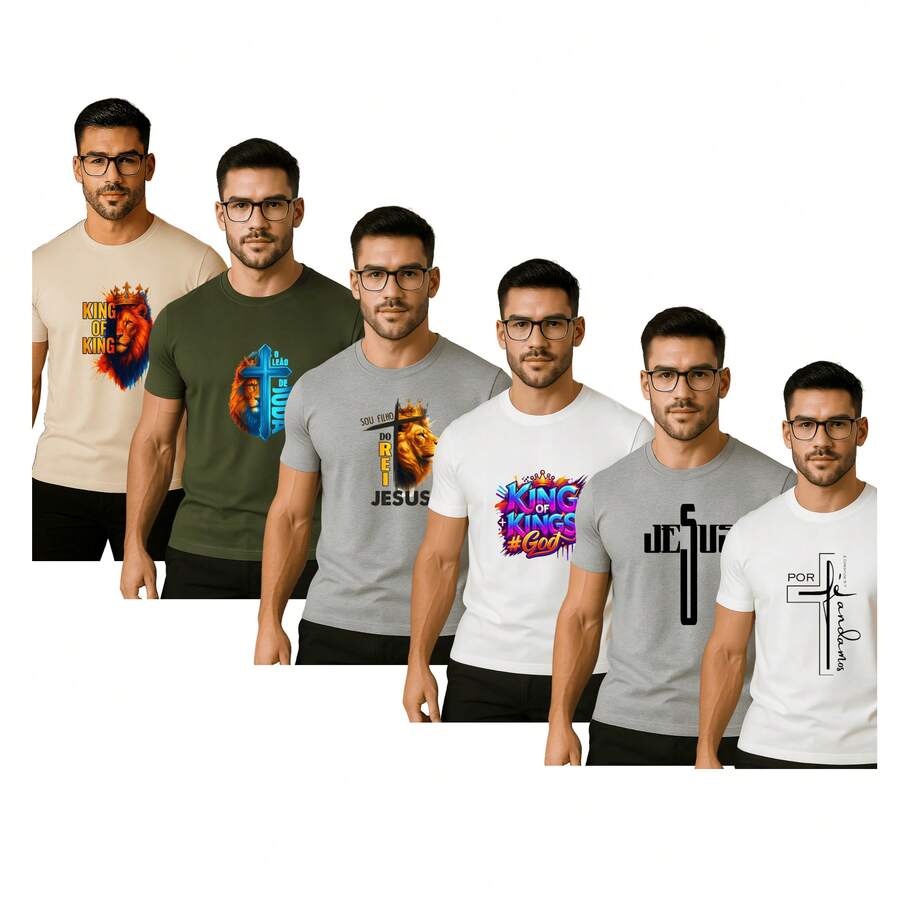 Set Of 6 Religious T-Shirts For Men, Printed, DTF, 100% Cotton, Modern Colorful Prints, Shoulder-To-Shoulder Reinforcement, Unisex Collection 2026 - 彩色 - 查看 1