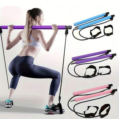 1 Set Pilates Stick With Colorful Resistance Bands - Stainless Steel Fitness Equipment, Unisex, Suitable For Home Gym, Yoga, Squats And Full Body Shaping - Lightweight And Easy To Assemble And Carry, Fitness Accessories