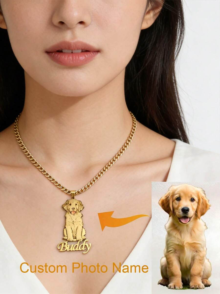 定制个性化动物雕刻照片项链，时尚不锈钢宠物纪念铭牌吊坠项链，个性化宠物名字项链，激光雕刻宠物肖像吊坠项链配链，纪念锁骨链项链，定制珠宝，生日礼物（送给家人） - 彩色 - 查看 1