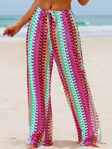 popvil Women Boho Drawstring High Slit Beach Pants For Summer Holiday Vacation Beach - Multicolor - View 4