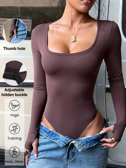 Aoqta Sports Women's Bodysuit Spring/Summer Outfit Solid Color Long Sleeve Square Collar Sexy Tight-Fitting For Sports Running Fitness Yoga Gym Wear Women