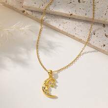 1pc Stainless Steel Star & Moon Necklace, Romantic & Dreamy, Elegant & Classic, Stylish & Graceful, Suitable For Star & Moon Theme, Daily, Commute, Date, Party, Gift (OPP Bag Packaging) - Yellow Gold - View 3