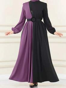 Bata de mujer de moda moderna con bloque de color, cintura alta y adornada con rhinestones, para primavera - Morado - Ver 2
